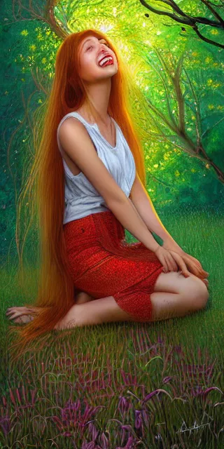 Image similar to infp young woman, smiling amazed, golden fireflies lights, sitting in the midst of nature fully covered, long loose red hair, intricate linework, bright accurate green eyes, small nose with freckles, oval shape face, realistic, expressive emotions, dramatic lights spiritual scene, hyper realistic ultrafine art by michael cheval, jessica rossier, boris vallejo