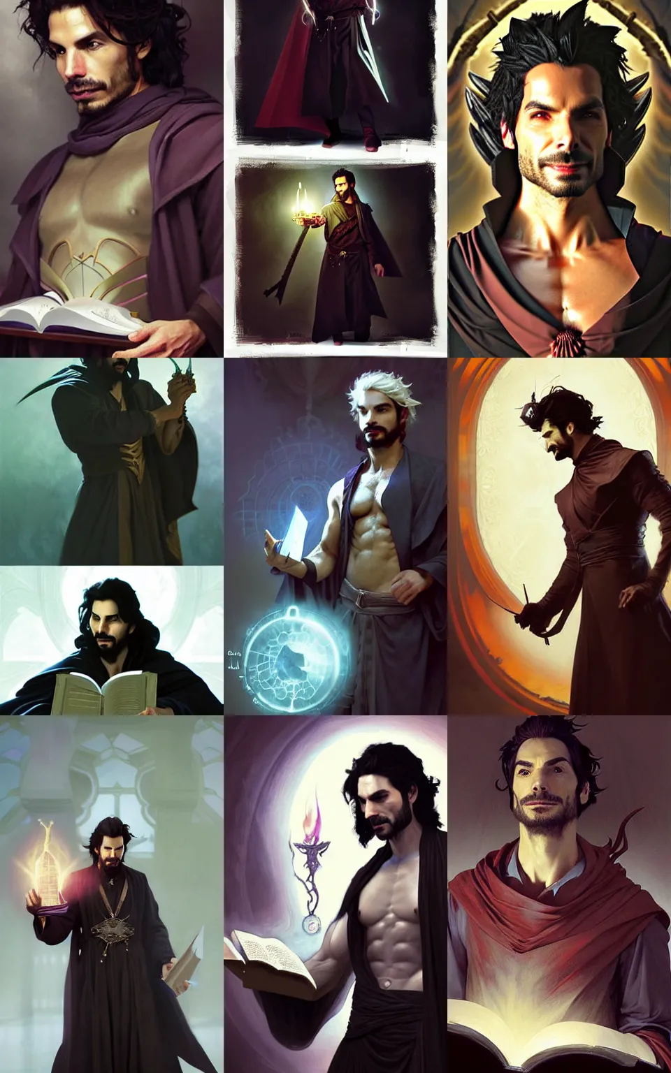 Prompt: character concept portrait of happy santiago cabrera as a warlock enchanting a dark spell, a floating spell book in the center, muscular, abs, robes, elegant, digital painting, concept art, smooth, sharp focus, illustration, from Metal Gear, by Ruan Jia and Mandy Jurgens and William-Adolphe Bouguereau, Artgerm