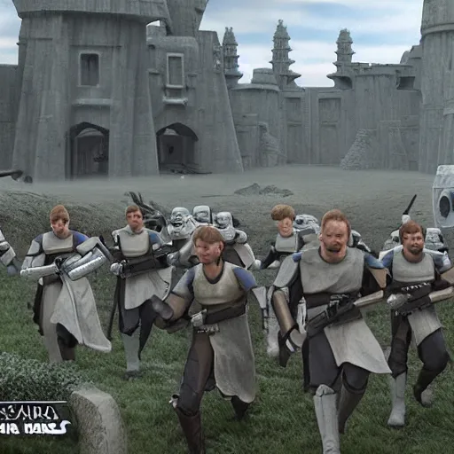 Prompt: Star Wars Prequels Clones storming a castle, hyper detailed, realism, award-winning, 4k