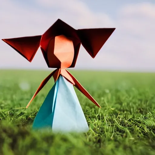 Image similar to A girl made of paper folded origami dramatic lighting, with bokeh effect in a sunny meadow