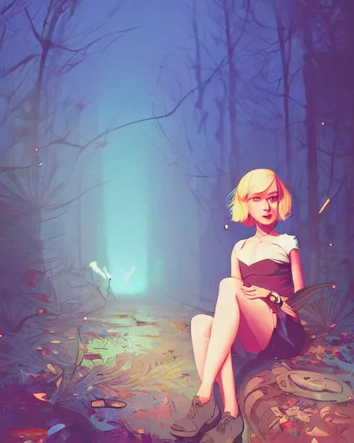 Image similar to digital illustration of pretty girl with short blonde hair hair, from alice in wonderland, smoking, in a wonderland forest, in junkyard at night, by ilya kuvshinov, lois van baarle, rossdraws, basquiat