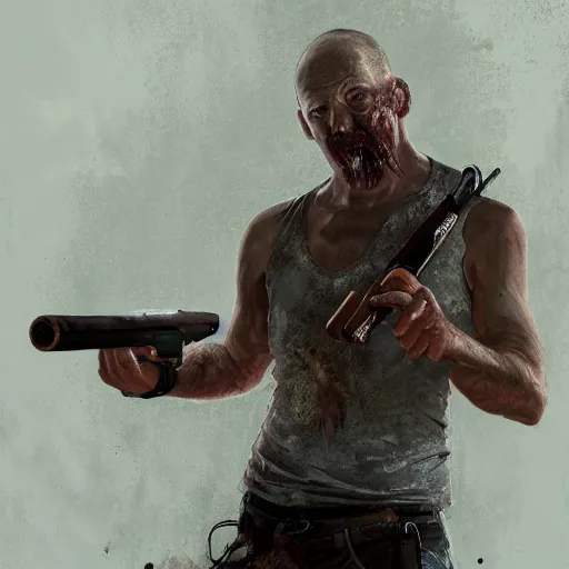 Image similar to epic portrait A man smoking a cigar and shooting zombies with a shotgun, white tank top, beard, buzzcut, apocalyptic, digital painting, artstation, concept art, soft light, hdri, smooth, sharp focus, illustration, fantasy, intricate, elegant, highly detailed, D&D, matte painting, in the style of Greg Rutkowski and Alphonse Mucha and artemisia, 8k, highly detailed, jurgens, rutkowski, bouguereau, pastoral, rustic, georgic