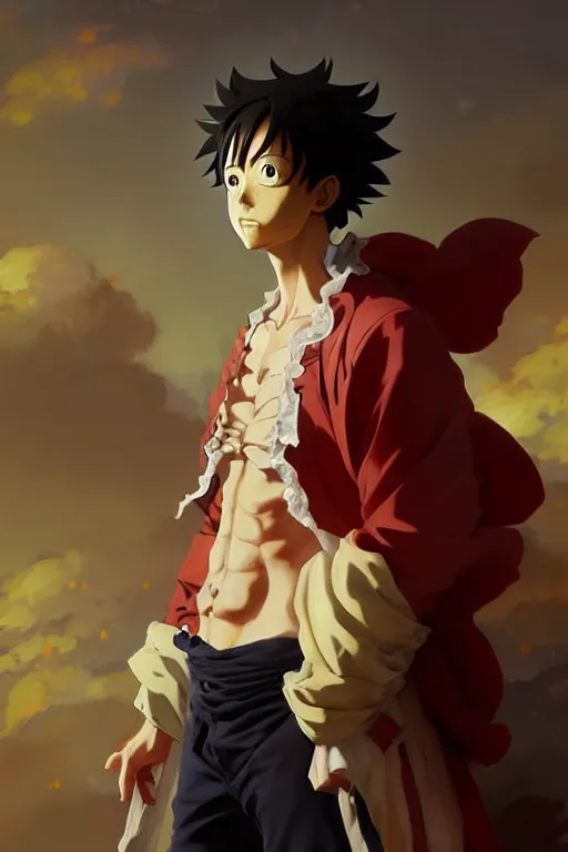 Image similar to baroque oil painting full body portrait character concept art, anime key visual of luffy studio lit directed gaze, trending on pixiv fanbox, painted by greg rutkowski makoto shinkai takashi takeuchi studio ghibli