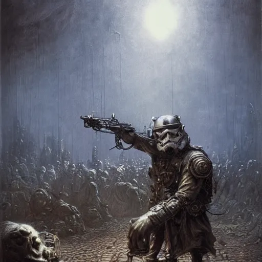 Prompt: Stoned steampunk stormtrooper shoot at drunk mad mushroom-werewolf by Gustave Doré, Greg Rutkowski, Zdzisław Beksiński