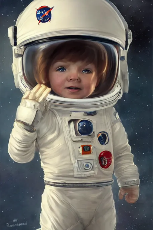 Image similar to a little boy with a cherubic michievous face and ginger hair. he is an astronaut, wearing a space suit. clean elegant painting, beautiful detailed face. by raymond swanland and artgerm and greg rutkowski