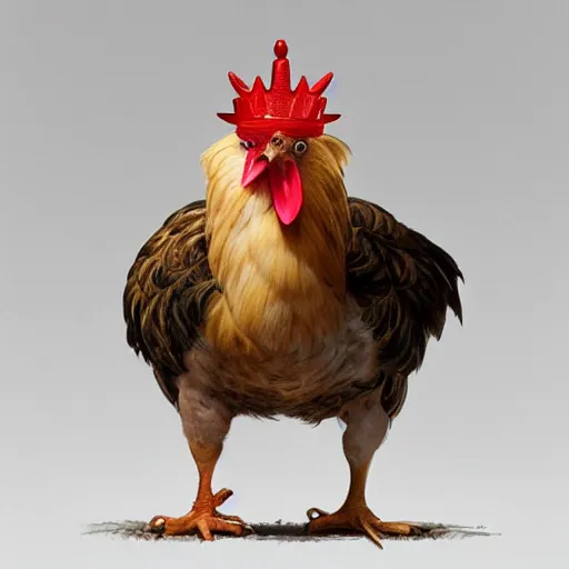 Prompt: a chicken animal wearing a small golden crown on its head. By Makoto Shinkai, Stanley Artgerm Lau, WLOP, Rossdraws, James Jean, Andrei Riabovitchev, Marc Simonetti, krenz cushart, Sakimichan, trending on ArtStation, digital art. Animal photo.