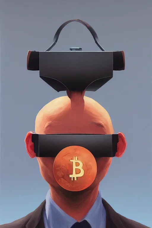 Image similar to Satoshi Nakamoto wearing oculus and bitcoin over his head Edward Hopper and James Gilleard, Zdzislaw Beksisnski, highly detailed