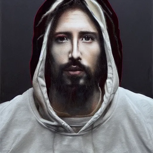 Image similar to a full body portrait of modern day jesus wearing yeezus streetwear hoodie and pants by nicola samori, oil painting, realistic, 8 k, adidas style