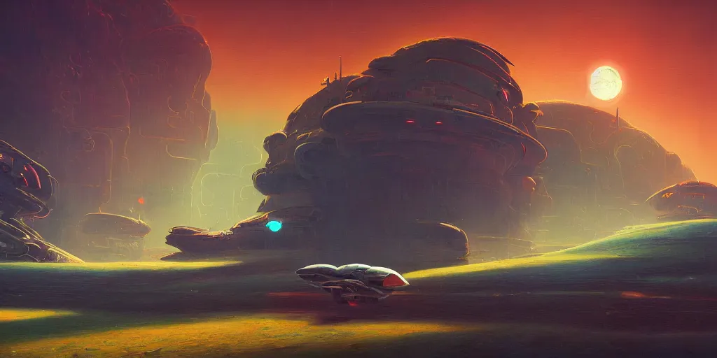 Image similar to look on my works ye mighty and despair, a highly detailed cinematic oil painting by roger dean and alena aenami, crashed spaceship!!, dynamic lighting