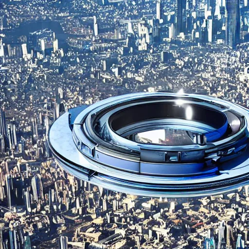 Image similar to a giant ring-shaped space station encircling a modern city floating above the city, the ring is horizontal, surrounding the city, cinematic