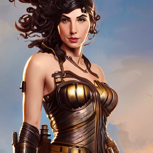 Image similar to highly detailed steampunk gal gadot standing, artgerm, greg rutkowski, magali villeneuve