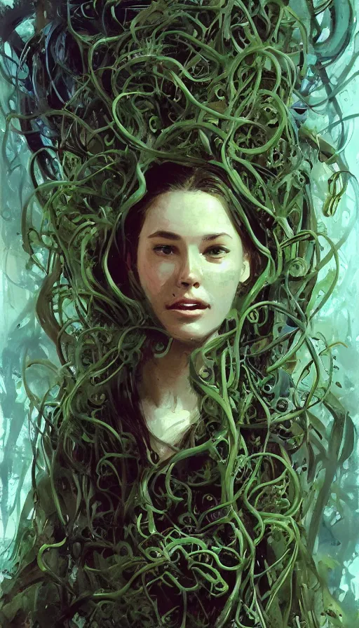 Image similar to very detailed portrait of a 2 0 years old girl surrounded by tentacles, the youg woman visage is blooming from fractal and vines, by john berkey