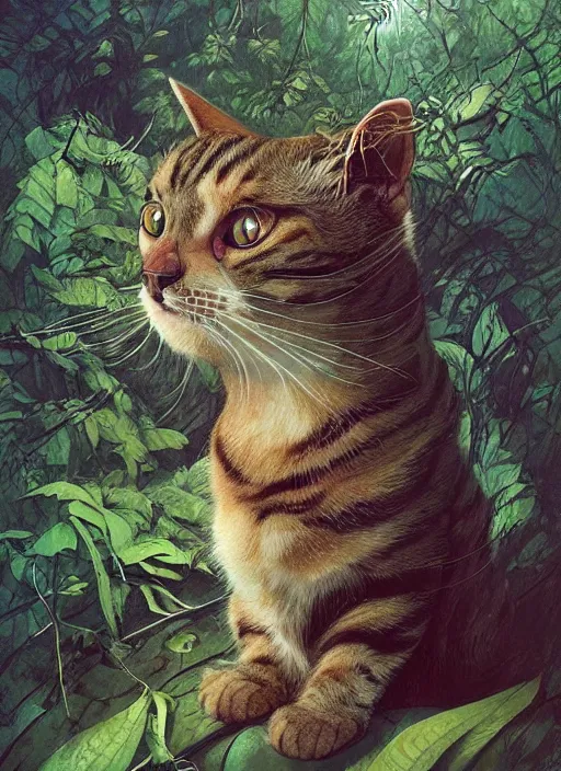 Image similar to a hyper realistic illustrated cat with happy lighting playing in the woods gorgeous lighting, sunbeams blue sky, lush forest foliage painting by chiara bautista and beksinski and norman rockwell and greg rutkowski weta studio, and lucasfilm