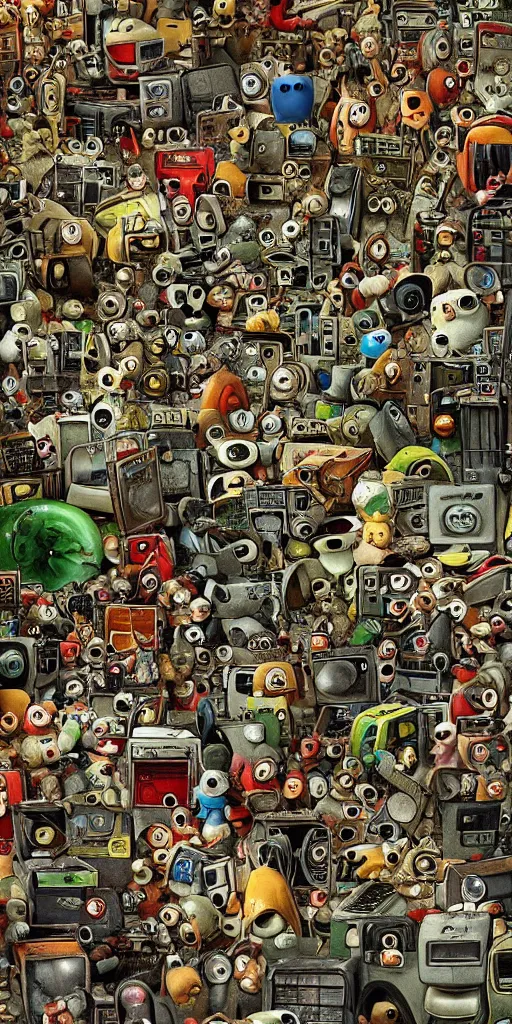 Prompt: a apple computer junkyard scene by alexander jansson and where's waldo