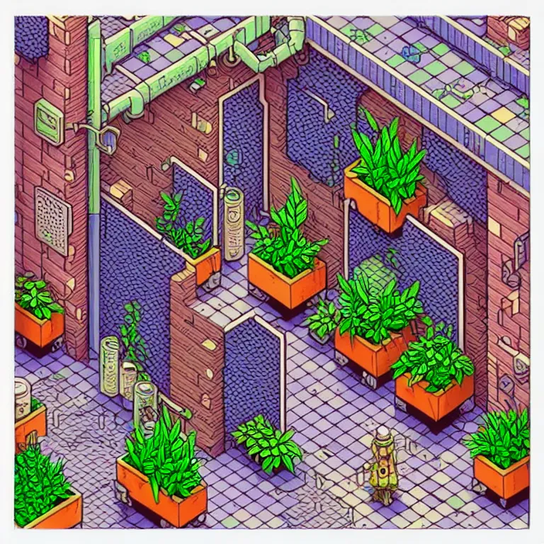 Image similar to an absurdly-detailed isometric cyberpunk alleyway colored-pen drawing as a fancy square tile. Cats and Robots and Potted-Plants.