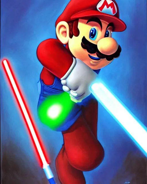 Image similar to portrait of super mario as a jedi, red cap, blue lightsaber, beautiful, very detailed, hyperrealistic, medium shot, very detailed painting by Glenn Fabry, by Joao Ruas