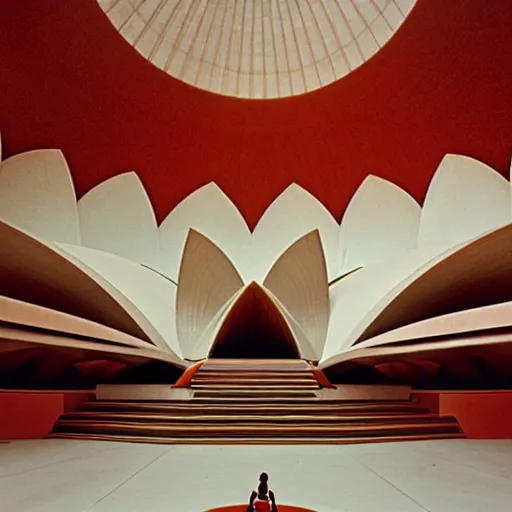 Image similar to interior of a futuristic lotus temple with gold, red and white marble panels, in the desert, by buckminster fuller and syd mead, intricate contemporary architecture, photo journalism, photography, cinematic, national geographic photoshoot