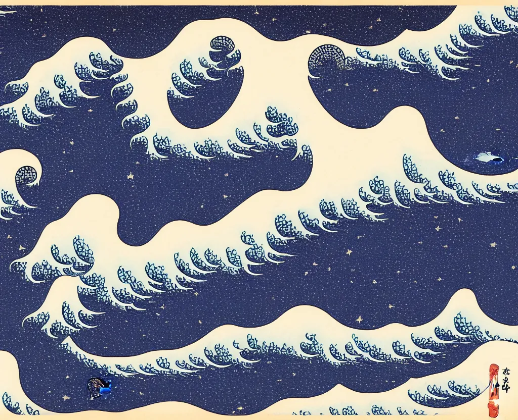Prompt: dream waves on the starfields by katsushika hokusai and ben wanat ; setting is the halls of space and place that has no beginning and no end