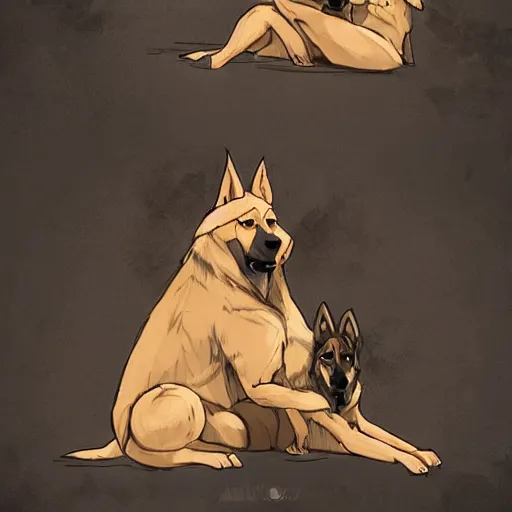 Image similar to two humanoid german shepherds beast - men, sitting on a couch and hugging together, artstation, concept art, smooth, sharp foccus ilustration, artstation