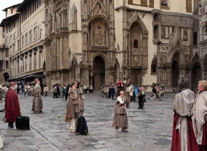 Prompt: street scene from a 2 0 1 0 film set in 1 4 5 0 showing florence italy