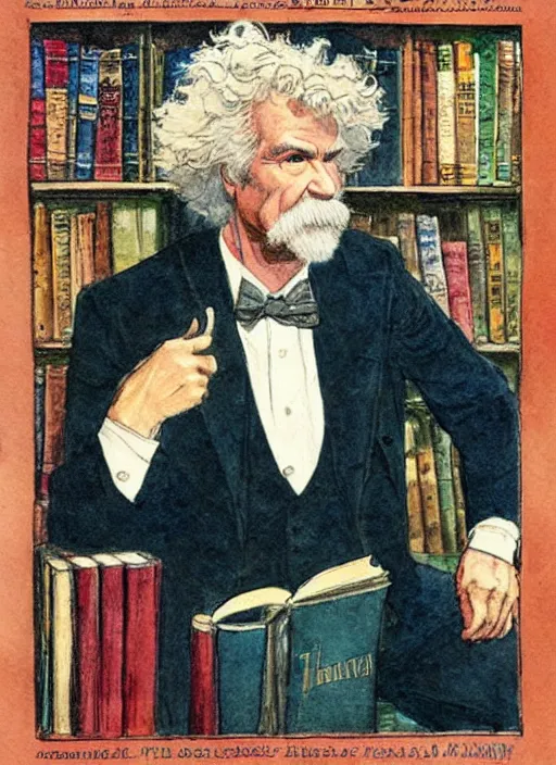 Image similar to realistic portrait of mark twain surrounded by a frame of books, art by harvey dunn and howard pyle and walter crane, illustration, watercolor art,