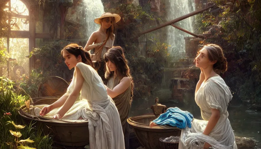 Image similar to perfectly-centered-Portrait of the most beautiful people on the planet, river, washing clothes, intricate, highly detailed, digital painting, artstation, concept art, smooth, sharp focus, illustration, Unreal Engine 5, 8K, art by artgerm and greg rutkowski and alphonse mucha