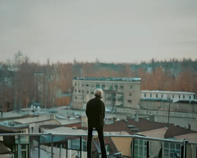 Image similar to lomographic tarkovsky film still of 4 0 years russian man with beard and sweater standing on small hrushevka 9 th floor balcony in taiga looking at sunset, perfect faces, cinestill, bokeh