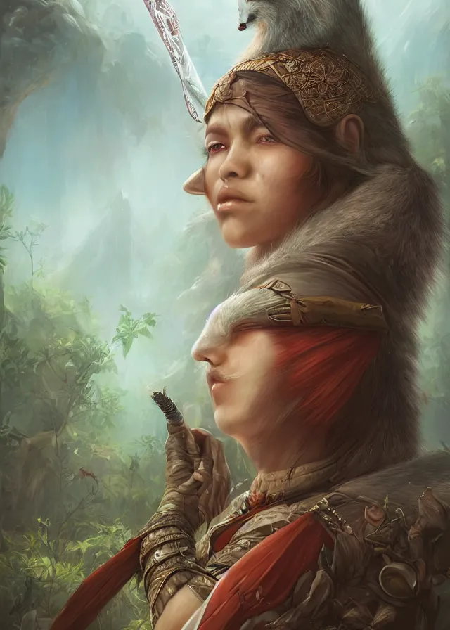 Image similar to a beautiful hyper realistic detailed painting of the sacred spirit raccoon who protect these land, by tom bagshaw, ross tran and bayard wu, inspired by dragon age inquisition featured on artstation