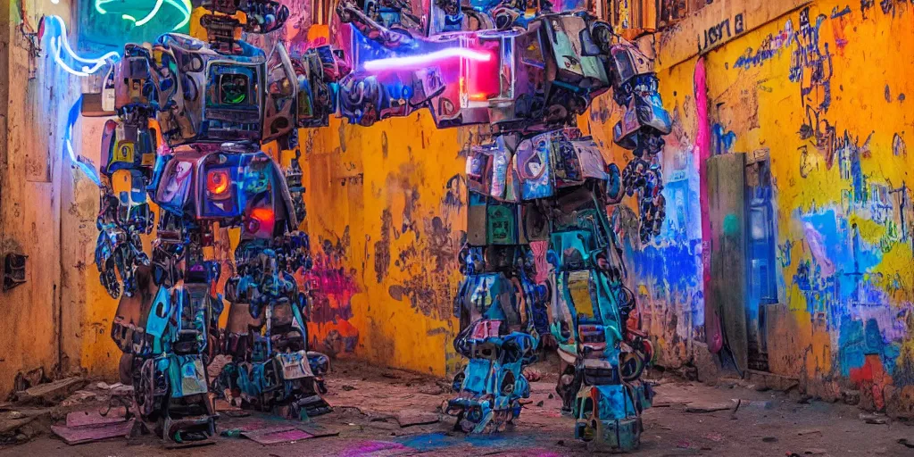 Image similar to colourful - damaged - giant mecha ROBOT of neon lit AJEGUNLE SLUMS of Lagos, markings on robot, Golden Hour,