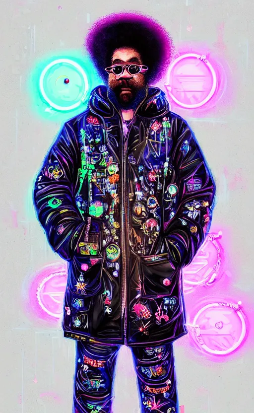 Image similar to detailed portrait Questlove Neon Operator, cyberpunk futuristic neon, reflective puffy coat, decorated with traditional Japanese ornaments by Ismail inceoglu dragan bibin hans thoma !dream detailed portrait Neon Operator Girl, cyberpunk futuristic neon, reflective puffy coat, decorated with traditional Japanese ornaments by Ismail inceoglu dragan bibin hans thoma greg rutkowski Alexandros Pyromallis Nekro Rene Maritte Illustrated, Perfect face, fine details, realistic shaded, fine-face, pretty face