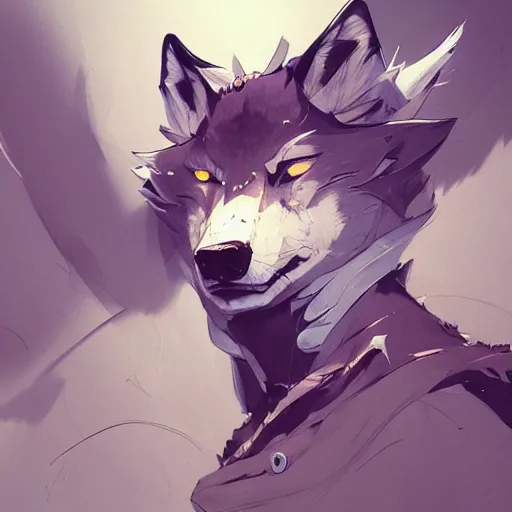 Image similar to concept art of anthropomorphized wolf, highly detailed painting by dustin nguyen, akihiko yoshida, greg tocchini, 4 k, trending on artstation, 8 k