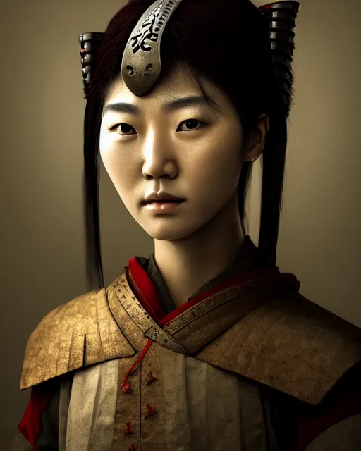 Prompt: a portrait of a female korean warrior, rustic and weathered, retro. trending on artstation, ambient lighting, 4k render, ultra hd, behance art