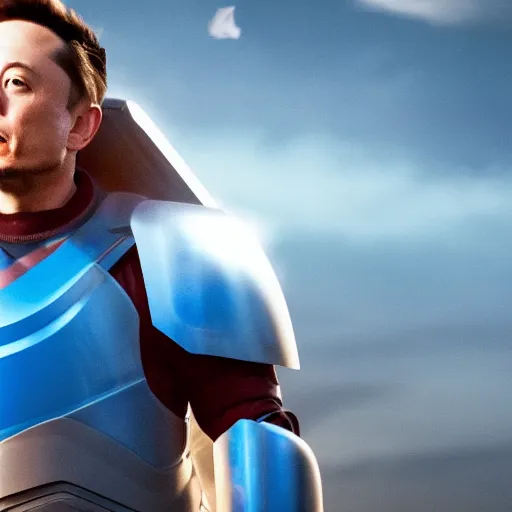 Image similar to a cinematic scene of a giant elon musk in sky blue armor walking away from a explosion of blue twitter birds