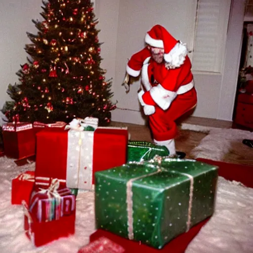 Prompt: santa getting caught in the act of delivering presents under a Christmas tree in a living room, 1985, flash photography