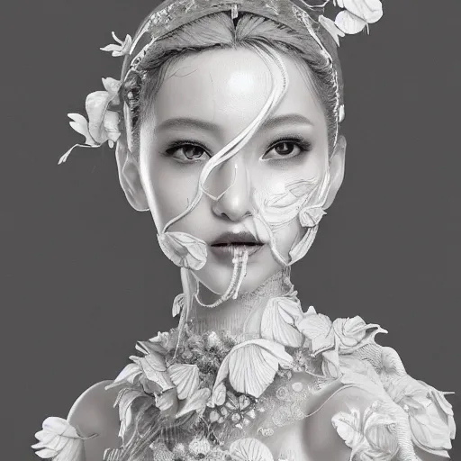 Prompt: the portrait of an absurdly beautiful, graceful, elegant, sophisticated, fashionable young gravure idol made of strawberries and white petals, an ultrafine hyperdetailed illustration by kim jung gi, irakli nadar, intricate linework, bright colors, octopath traveler, final fantasy, unreal engine 5 highly rendered, global illumination, radiant light, detailed and intricate environment