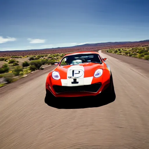 Image similar to a sports car driving fast on Route 66,