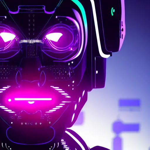 Image similar to Head of a robot with purple glowing eyes in cyberpunk neon Tokyo in style of Tsutomu Nihei. Cyberpunk, vertical symmetry, 8K, Highly Detailed, Intricate.