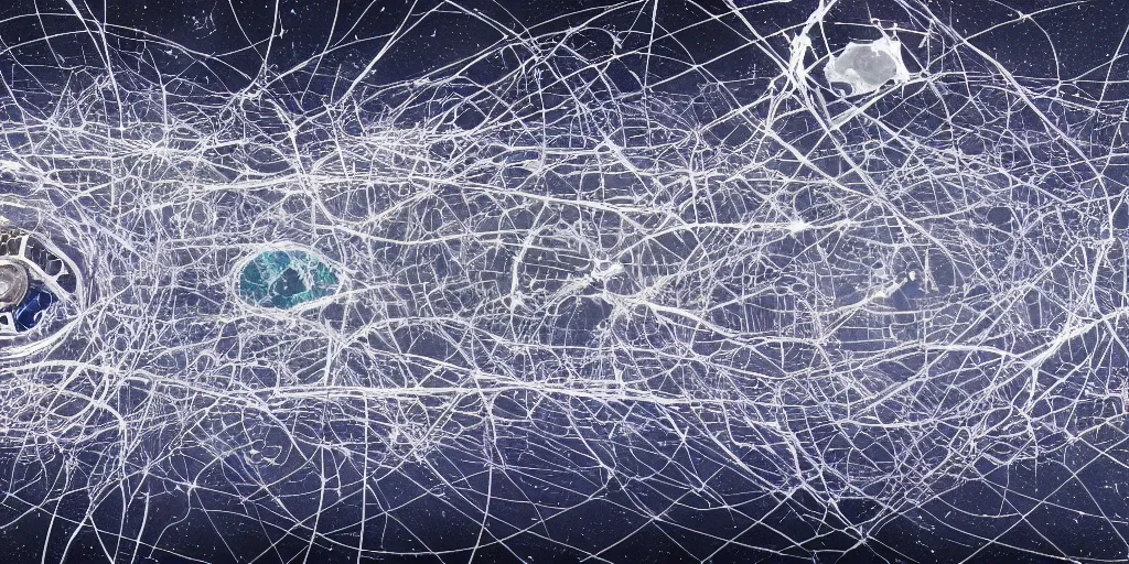 Prompt: the planes of immanence as seen as a broken satellite without organs, hyperrealistic, 8K, rhizomatic computer vision of an extended human network