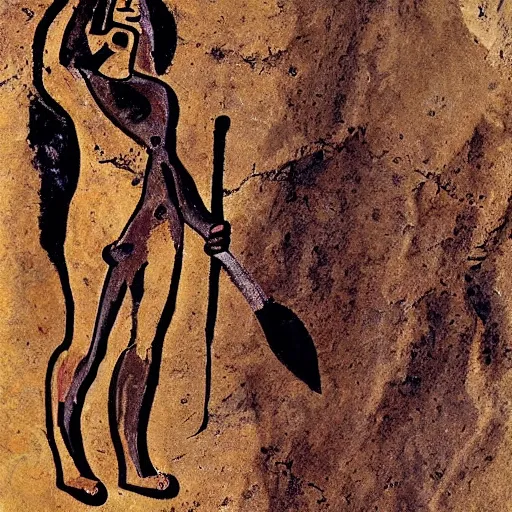 Prompt: neolithic cave painting of a half-fox warrior. strong and powerful anthropomorphic fox. gorgeous eyes. Bipedal foxman holding spear. Heiroglyphic art. carvings, cave scratches in cave wall. art by homo erectus. earthen colors