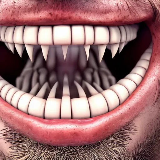 Image similar to extreme closeup photo of a man with a very wide open mouth with a skull inside his mouth, 3D render,subsurface scattering,global illumination,raytracing,studio lighting,cinematic,photorealistic,4k, UHD, HDR