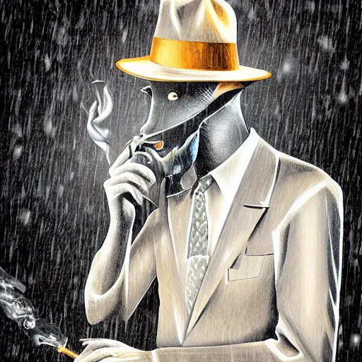 Prompt: a personified llama wearing a 1 9 4 0's noire detective suit standing in the rain at night, smoking a cigarette as the fire from the cigarette lights up his face, digital art