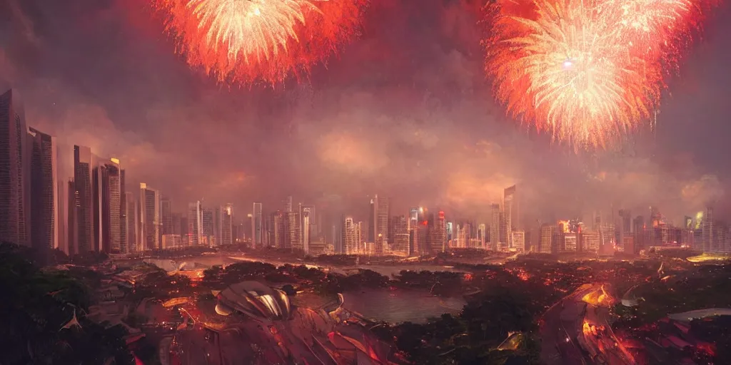 Image similar to Singapore city with a lion-shaped!!!!! cloud in the sky and fireworks in the sky, by greg rutkowski, red and white lighting, digital art, ultra realistic, ultra detailed, photorealistic, 4k, character concept