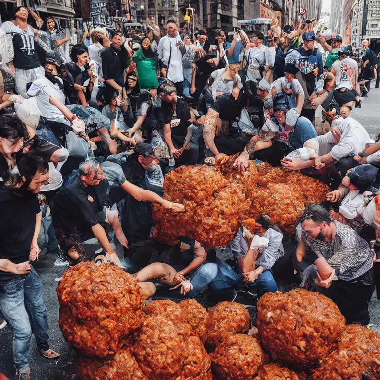 Prompt: A picture of the people of New York sculpting a giant meatball together using smaller meatballs, 4k ultra hd, trending on Instagram