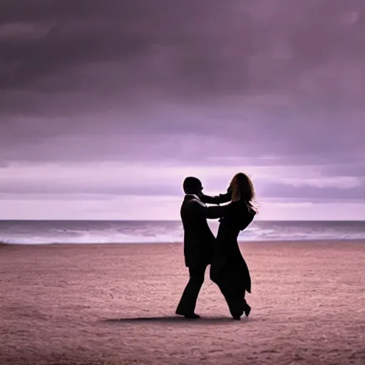 Prompt: realistic cropped photo of a man and woman, both wearing trenchcoats, dancing together on a beach during cloudy weather, at night, and it ’ s dark time