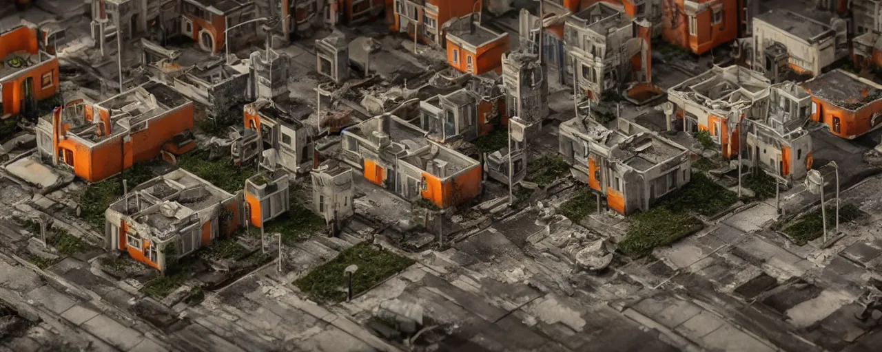 Prompt: mega detailed miniature voxel diorama abandoned research facility, brutalism architecture, tilt shift suburban, hard lights are on in the windows, dark night, fog, winter, blizzard, uncozy and not peaceful atmosphere, row of street lamps with warm orange light, several ruins nearby, cold war era 1 9 6 0