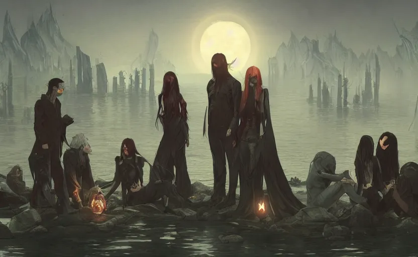 Image similar to group of vampires chilling by the lake in moon night, moebius, greg rutkowski, zabrocki, karlkka, jayison devadas, phuoc quan, trending on artstation, 8 k, ultra wide angle, video game graphics, realistic art, zenith view, cyberpunk pincushion lens effect