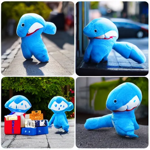 Image similar to blue'snappy gifts'plush doll, on sidewalk, giving gifts to people, happy atmosphere, high detail, soft lighting, 8 k