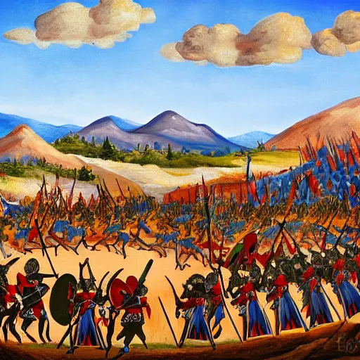 Image similar to colorful simple wideshot of a medieval battle in front of a beautiful blue mountainscape, painting