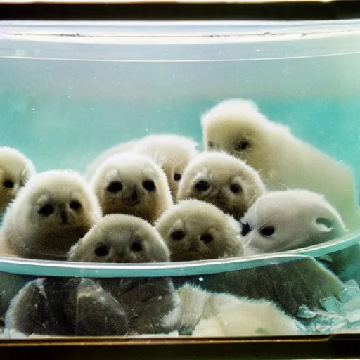 Image similar to a photo of a terrarium containing baby harp seals, located in a rundown condo from 1996, 15mm, Kodachrome