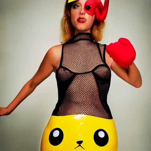 Image similar to girl wearing a latex costume of pikachu and fishnet stockings, by Annie Liebovitz, elegant photography